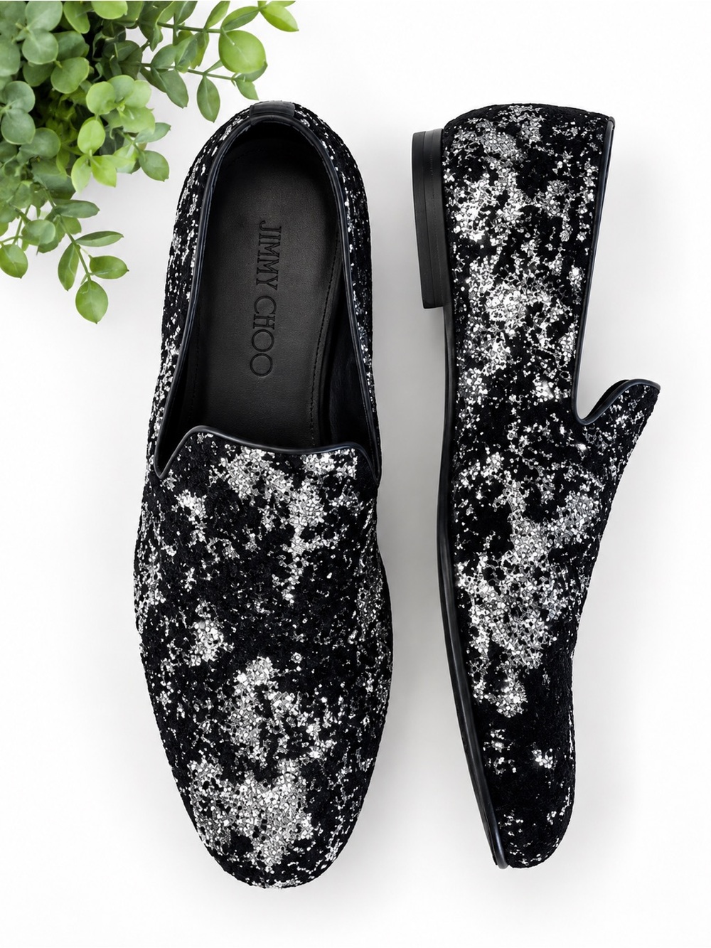 JIMMY CHOO - Sloane Black Velvet & Glitter Loafers + Box